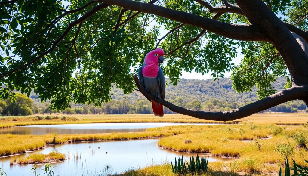 A galah rose cockatoo perched on a gum tree branch, its vibrant pink and gray plumage contrasting against the lush, verdant foliage of its natural habitat. Dappled sunlight filters through the canopy, casting a warm, golden glow and creating intriguing shadows. In the middle ground, a tranquil billabong reflects the scene, its still waters surrounded by a carpet of native grasses and wildflowers. In the background, rolling hills covered in eucalyptus forests stretch out, creating a serene and picturesque Australian landscape. The overall atmosphere is one of peaceful coexistence between the captivating cockatoo and its lush, thriving environment.