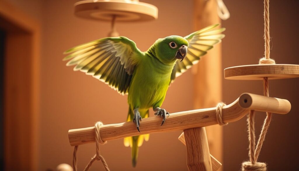 A green cheek conure perched on a wooden climbing toy, its vibrant green feathers contrasting against the natural tones. The bird stretches its wings as it explores the various platforms, ropes, and ladders of the intricate structure. Warm, diffused lighting illuminates the scene, casting gentle shadows that accentuate the conure's movements. The background is blurred, placing the focus entirely on the active, playful bird and its engaging, custom-designed climbing apparatus. The image captures the energy and curiosity of this intelligent parrot species as it navigates its stimulating, enriched environment.