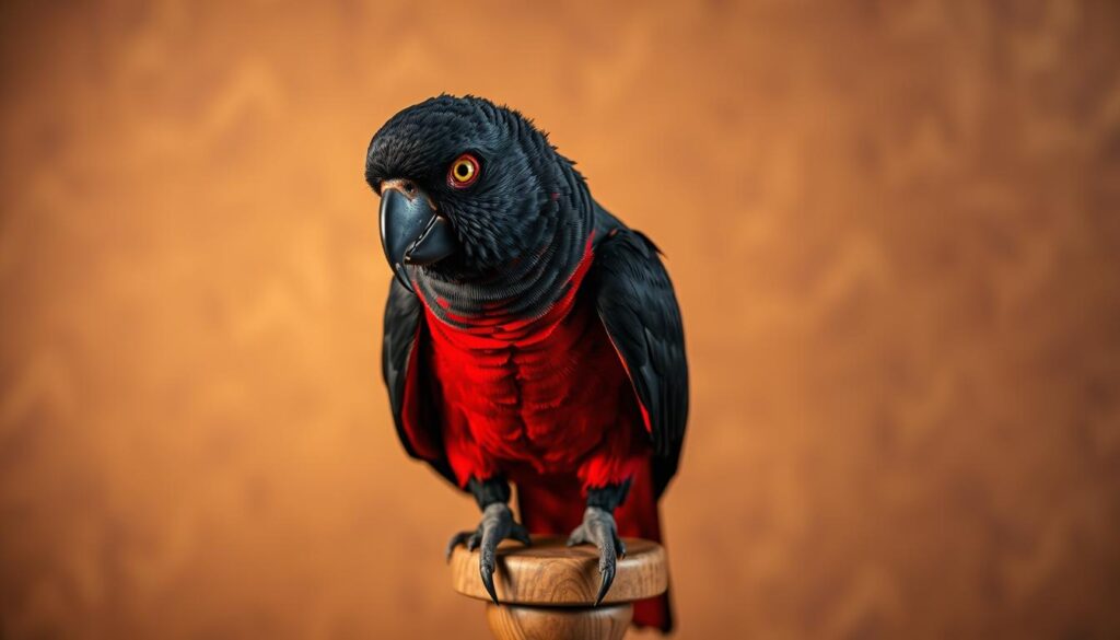A vibrant, life-sized Dracula parrot perched atop a wooden stand, its striking black and red plumage shimmering under warm studio lighting. The bird's piercing yellow eyes and sharp beak command attention, evoking the gothic, vampiric persona of its namesake. The parrot is set against a neutral, slightly textured background, allowing its unique features to take center stage. The composition is balanced, with the parrot's body positioned slightly off-center to create visual interest. The overall scene conveys a sense of poise and elegance, inviting the viewer to imagine this rare and captivating creature as a potential addition to their home.