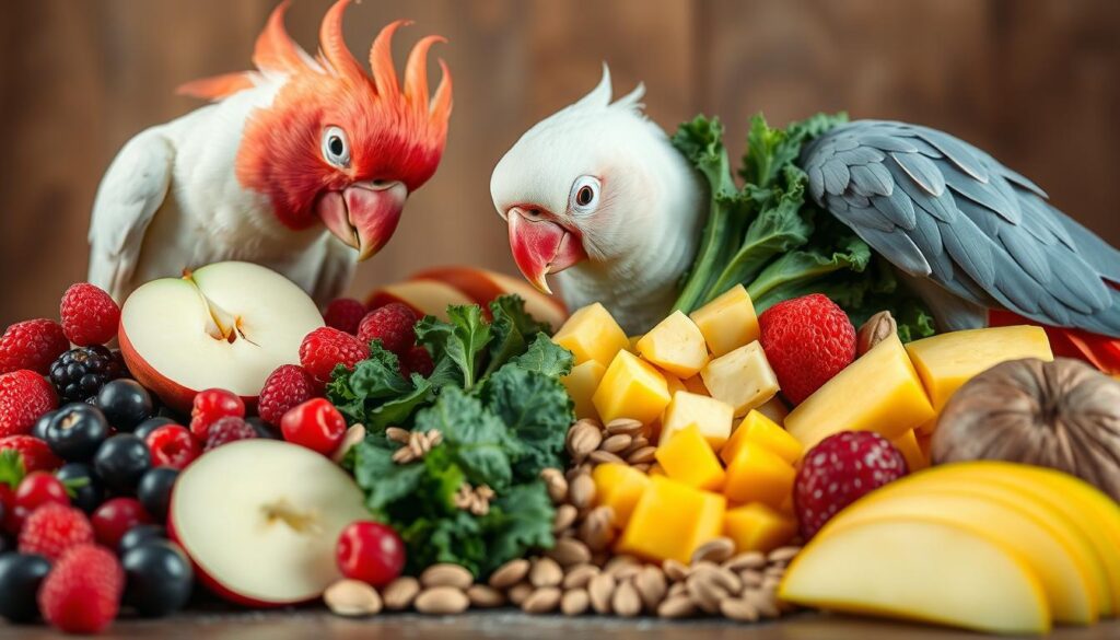 A well-lit, high-resolution close-up image of a variety of healthy, natural foods essential for a captivating galah cockatoo's diet. In the foreground, an assortment of fresh fruits such as apple slices, berries, and mango chunks, arranged artfully. In the middle ground, a selection of leafy greens, including kale and spinach, as well as nutritious seeds and nuts. The background features a subtle, softly blurred natural setting, perhaps a wooden table or rustic backdrop, to create a sense of warmth and approachability. The lighting is soft and diffused, highlighting the vibrant colors and textures of the cockatoo's dietary essentials. The overall mood is one of nourishment, vitality, and the beauty of a well-balanced, natural diet for this captivating avian species.