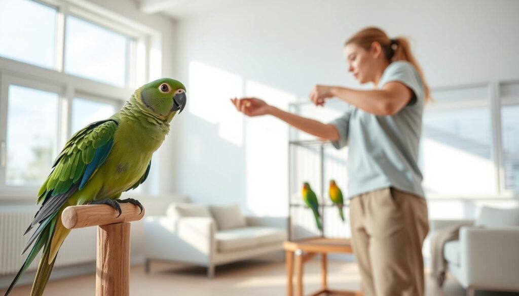 A bright, airy indoor setting with natural lighting filtering through large windows. In the foreground, an Alexandrine parakeet perches attentively on a wooden training stand, its vibrant green and blue plumage shimmering. The parakeet's gaze is focused, as its trainer, dressed in casual, neutral-toned clothing, offers a treat, guiding the bird through a simple obedience command. In the middle ground, other Alexandrine parakeets observe curiously from their large, spacious cage, their inquisitive eyes reflecting the gentle, patient atmosphere. The background features minimalist, clean-lined furniture, creating a serene, uncluttered space conducive to productive training sessions.