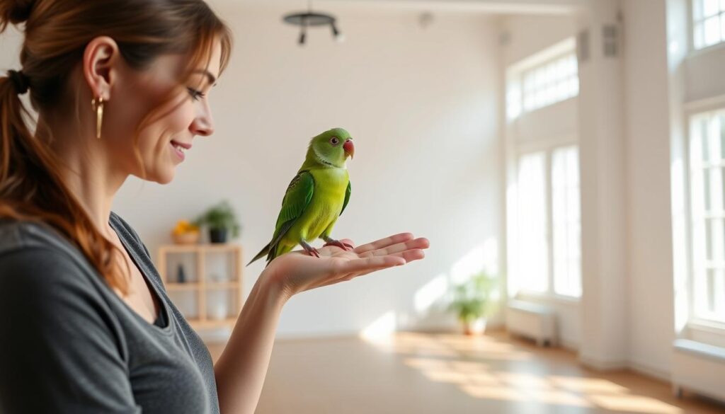 A bright, airy studio filled with natural light, where a patient and experienced trainer gently teaches a vibrant rose-ringed parakeet various commands and tricks. The parakeet perches calmly on the trainer's outstretched hand, its distinctive green plumage and graceful movements the center of attention. Through positive reinforcement and gentle encouragement, the duo seamlessly execute a series of simple yet engaging training exercises, showcasing the intelligence and trainability of this charismatic parrot species. The atmosphere is one of calm focus and mutual trust, highlighting the strong bond that can form between these birds and their dedicated human caregivers.