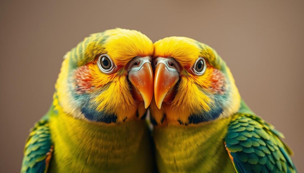 A close-up, highly detailed view of the intricate genetic makeup of a pair of vibrant, healthy parakeets. The feathers, eyes, and beak are rendered with photographic realism, capturing the subtle variations in color and texture that are shaped by their hereditary traits. The avian subjects are positioned centrally against a softly blurred, neutral background that allows the viewer to focus on the captivating biological patterns and structures. Warm, diffused lighting from an oblique angle casts gentle shadows, emphasizing the three-dimensional form and fine-grained anatomy. The overall mood is one of scientific curiosity and appreciation for the beauty of nature's genetic tapestry.