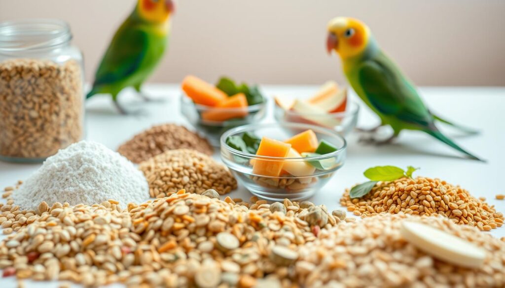 A close-up shot of an assortment of nutritional supplements for parakeets, arranged on a bright, clean surface. In the foreground, a variety of pellets, seeds, and powdered supplements are neatly displayed, each with its own distinct color and texture. The middle ground features a few small bowls containing different types of fruits and vegetables, such as chopped carrot, spinach, and apple slices, to provide a balanced diet. The background is a soft, out-of-focus gradient, allowing the viewer to focus on the nutritional elements. The lighting is natural and diffused, creating a warm, inviting atmosphere. The overall composition is crisp, well-organized, and visually appealing, highlighting the importance of proper nutrition for the Rose-Ringed Parakeet.