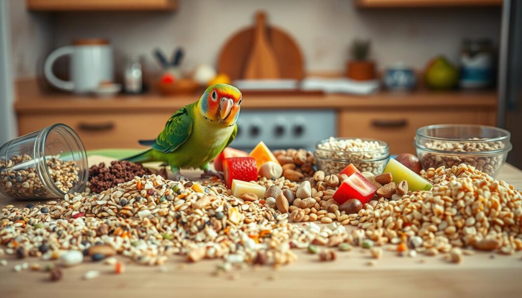 A cluttered table filled with various bird foods - seed mix, chopped fruits, nuts, and pellets - all arranged in disorderly fashion. The foreground shows spilled and scattered items, while the middle ground features a worried-looking rose-ringed parakeet perched on the edge, eyeing the mess cautiously. The background depicts a blurred, warm-toned kitchen interior, hinting at a domestic setting. Soft, diffused lighting creates an inviting ambiance, but the overall scene conveys a sense of confusion and potential harm to the bird. The prompt aims to visually convey common feeding mistakes that should be avoided when caring for rose-ringed parakeets. Prompt A messy table with spilled and scattered bird foods - seed mix, chopped fruits, nuts, and pellets - in a warm-toned domestic kitchen. A worried-looking rose-ringed parakeet perches on the edge, cautiously eyeing the cluttered arrangement. Soft, diffused lighting creates an inviting ambiance, but the overall scene suggests potential harm to the bird.