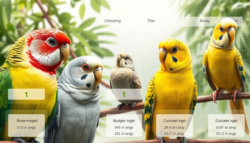 A detailed lifespan comparison of various parakeet species, captured in a realistic scientific illustration. The foreground features close-up portraits of a Rose-Ringed, Budgie, and Cockatiel parakeet, each with a overlaid lifespan indicator. The middle ground shows the parakeets in a natural habitat setting, with lush greenery and perches. The background depicts a subtle grid or chart visualizing the average lifespans of these parakeet types, along with key data points. The lighting is soft and evenly diffused, bringing out the fine details of the plumage and creating a contemplative, educational mood. The composition and angle emphasize the comparative nature of the illustration, allowing the viewer to clearly discern the lifespan differences between the parakeet species.