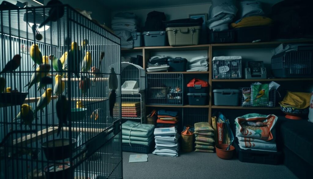 A dimly lit room showcases the costly paraphernalia of long-term parakeet ownership. In the foreground, a detailed close-up of an overflowing bird cage filled with various perches, toys, and food bowls, highlighting the extensive daily care required. In the middle ground, a stack of veterinary bills and specialized bird food bags, symbolizing the ongoing financial burden. The background features shelves stocked with cages, carriers, and other necessary accessories, conveying the substantial initial investment. Soft, muted lighting casts a somber tone, underscoring the commitment and responsibility inherent in raising a rose-ringed parakeet over many years.