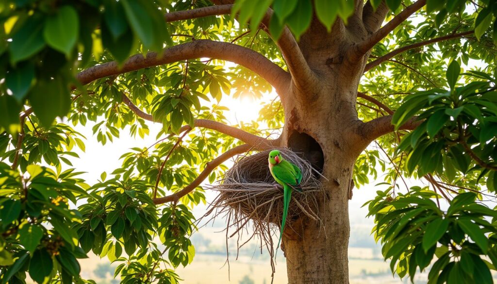A lush, verdant tree canopy sets the scene, where a pair of rose-ringed parakeets meticulously craft their nest. In the foreground, the vibrant green birds delicately weave twigs and branches, their long tails and distinctive pink-and-black collars visible. The middle ground reveals their chosen nesting site, a hollow cavity nestled within the tree's sturdy trunk. Soft, diffused natural light filters through the leaves, casting a warm, golden glow over the industrious birds. The background features a serene, pastoral landscape, hinting at the tranquil habitat these parakeets have chosen for their breeding grounds. The overall composition captures the intricate, yet captivating, nesting habits of these charismatic parrots.