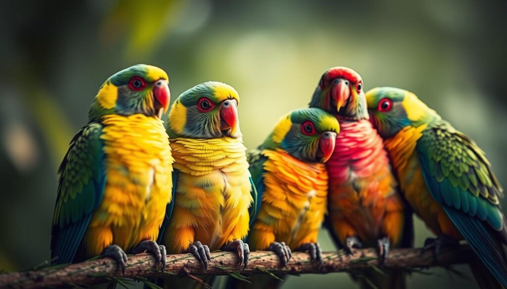 A vibrant close-up of several rose-ringed parakeets, their feathers showcasing a stunning array of color mutations. The birds are perched on a lush, verdant branch, with a soft, diffused light creating a sense of depth and atmosphere. The foreground features the parakeets' intricate plumage, highlighting their unique color variations, from brilliant greens and blues to unexpected splashes of yellow and orange. The middle ground blurs into a hazy, out-of-focus background, drawing the viewer's attention to the birds' captivating appearance. The overall mood is one of natural beauty and wonder, inviting the observer to appreciate the diversity and complexity of these remarkable avian creatures.