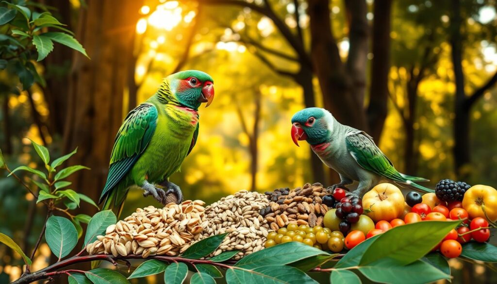 A vibrant, naturalistic scene depicting the varied diet of the rose-ringed parakeet. In the foreground, the parrot perches on a lush, verdant branch, its colorful plumage of greens and reds contrasting beautifully with the foliage. In the middle ground, the bird is shown feeding on a diverse selection of seeds, fruits, and berries, reflecting its omnivorous tendencies. The background showcases a serene, sun-dappled woodland setting, with soft, warm lighting filtering through the canopy of trees. The overall composition captures the essence of the rose-ringed parakeet's natural habitat and foraging behavior, providing a visually engaging illustration of its dietary needs.