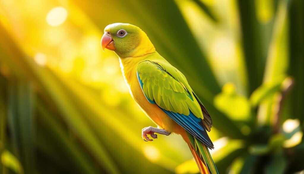 A vibrant violet-yellow Alexandrine parakeet perches gracefully against a soft, hazy backdrop. Sunlight filters through lush greenery, casting a warm, golden glow on the bird's iridescent plumage. Its sharp beak and keen eyes convey an alert, inquisitive presence. The parakeet's long, tapered tail feathers fan out elegantly, accentuating its distinctive silhouette. The composition captures the bird's natural beauty and the tranquil, verdant environment it inhabits, reflecting the unique charm of this captivating parakeet species.