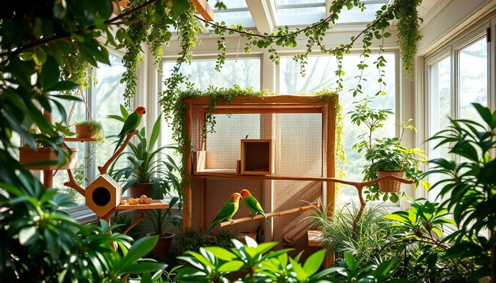 Prompt A cozy, inviting indoor aviary for a pair of vibrant Alexandrine parakeets. Sunlit, lush greenery fills the foreground, with a variety of perches, nest boxes, and feeding stations. In the middle ground, an elegant, earthy-toned wooden frame structure creates a natural habitat, complemented by trailing vines and foliage. The background features large windows, allowing ample natural light to flood the scene, and a serene, calming atmosphere. The lighting is soft, diffused, and enhances the vibrant plumage of the parakeets as they explore their comfortable, enriched environment.